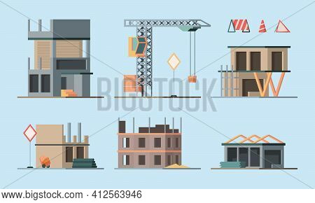 Construction Stages. Building Houses Foundation Workers Making Brick Walls Little Houses And Big Sky