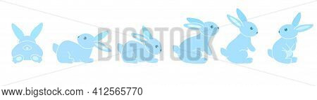 A Set Of Cute Blue Rabbits. Six Colored Sitting And Recumbent Bunnies On A White Background. Festive