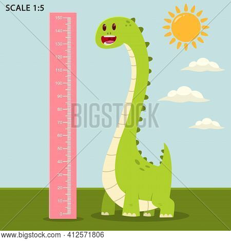 Kids Meter Wall With A Cute Dinosaur And Measuring Ruler. Vector Cartoon Illustration Of An Animal I