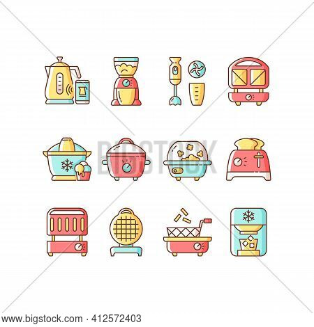 Small Kitchen Appliance Rgb Color Icons Set. Smart Kettle. Coffee Grinder. Immersion Blender. Sandwi