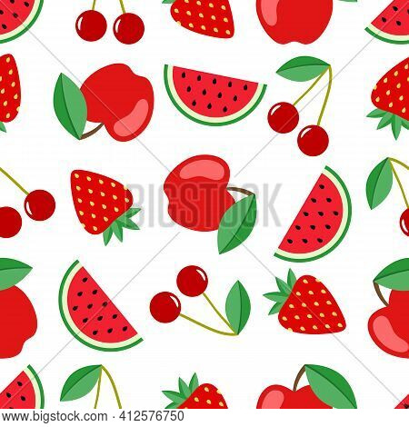Fruit And Berry Seamless Pattern. Watermelon, Cherry, Apple, Strawberry Seamless Background. Juicy C