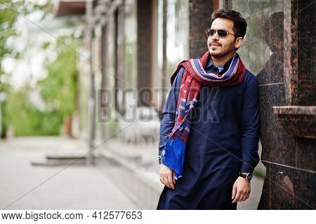 Stylish Pakistani Indian Muslim Arabic Man In Kurta Dhoti Suit And Sunglasses.