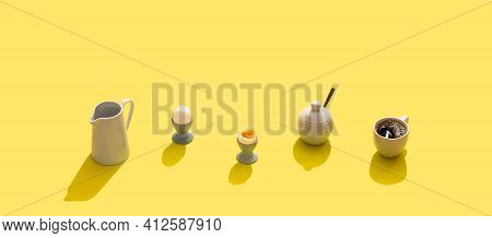 Breakfast Set With Soft Boiled Eggs, Black Coffee In White Cup, Milk Jug, Sugar Bowl With Hard Light