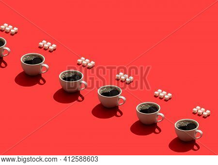 White Cup With Fresh Black Coffee And Sugar Cubes With Hard Light On Bright Red Background. Modern T