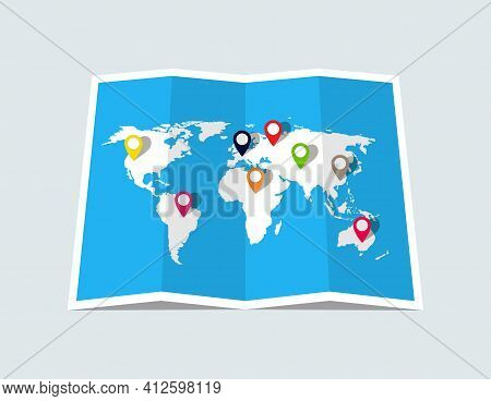 World Map With Pin Of Location. Paper World Map For Travel, Business And Tourism. Template Of Earth 
