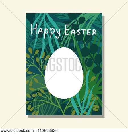 A Vector Hand Drawn Greeting Card With Lettering Happy Easter. An Egg Against The Dark Background Wi