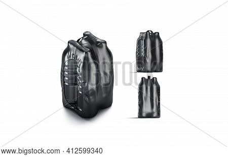Blank Plastic Bottle In Black Shrink Wrap Mockup, Different Views, 3d Rendering. Empty Polymer Film 
