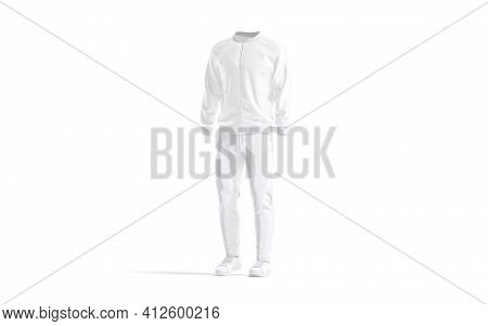 Blank White Sport Tracksuit With Bomber, Pants And Sneakers Mockup, 3d Rendering. Empty Street Outwe