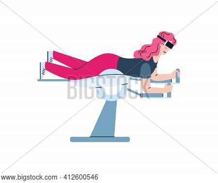 Woman In Vr Headset Lying In Flight Simulator, Flat Vector Illustration.