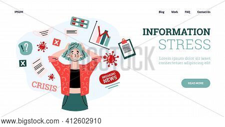 Information Stress And Anxiety Website Mockup, Cartoon Vector Illustration.