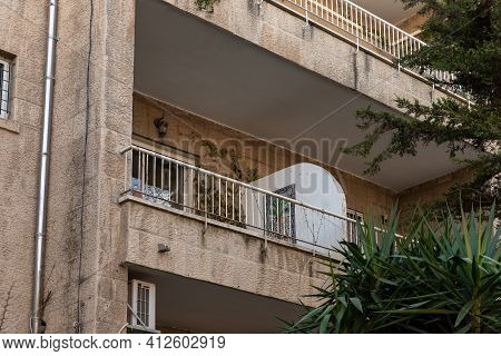 Evening View Of A Decorative Balcony In An Apartment Building In The Old District Of Jerusalem Talbi