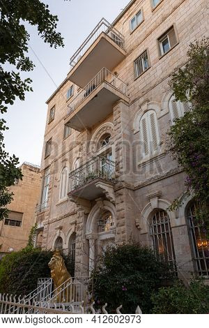 Jerusalem, Israel, February 27, 2021 : Evening View Of Apartment Buildings On David Marcus Street In