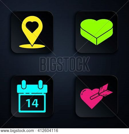 Set Amour With Heart And Arrow, Map Pointer With Heart, Calendar With February 14 And Candy In Heart