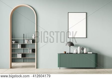 Modern Mint Color Living Room Interior With Arch And Blank Poster On Wall. Light Green Chest Of Draw