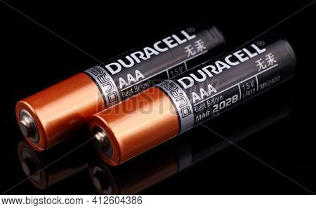 Lviv, Ukraine - March 20, 2020: Aaa Duracell Battery Black Background