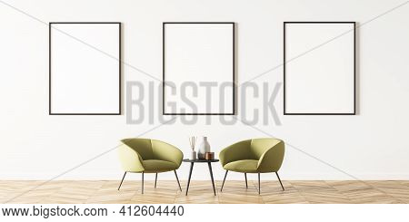 Bright Modern Room Interior With Two Cosy Green Arcmhairs And Dark Coffee Table Loacted On The Oak W