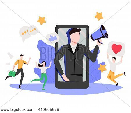 Mobile Phone, Woman With Megaphone On Screen And Young People Surrounding Her. Influencer Marketing,