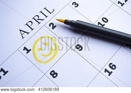 The Date Of April 1 Is Circled On The Calendar Close Up. April Fool's Day