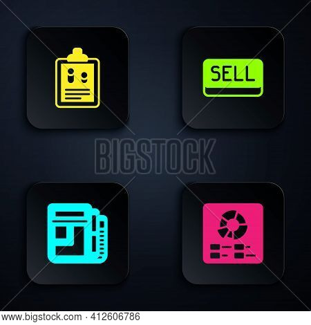 Set Pie Chart Infographic, Business Finance Report, Stock Market News And Sell Button. Black Square 