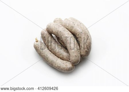 Top View Of Steamed White Sausages Made From Selected Meat And Natural , Isolated On White Backgroun