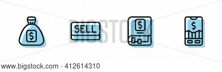 Set Line Financial Book, Money Bag, Sell Button And Mobile Stock Trading Icon. Vector