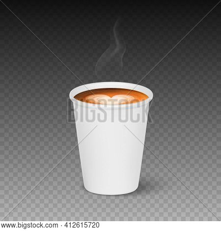 Vector 3d Realistic Paper White Disposable Cup Isolated With Hot Milk Coffee Foam. Steam, Smoke. Lat