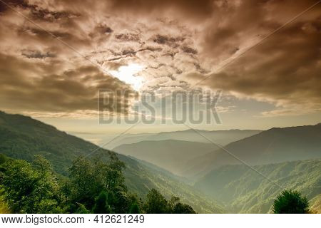 Beautiful Scenic View Of Rinchenpong, Sikkim. Cloudy Sky Above Himalayan Mountains.