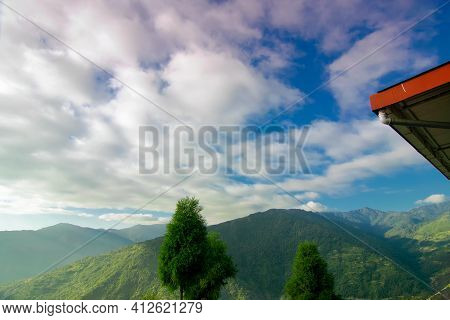 Beautiful Scenic View Of Rinchenpong, Sikkim. Cloudy Sky Above Himalayan Mountains.