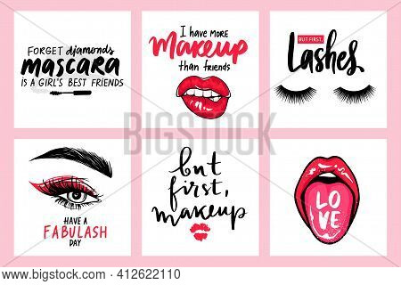 Lashes, Mascara, Makeup Posters With Red Lips Biting, Tongue Out And Fashion Quotes Or Phrases.