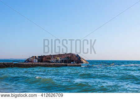 Old Sunken Ship At Black Sea. Tanker Sunken In A Storm Near The Coast Of Odessa, Ukraine.
