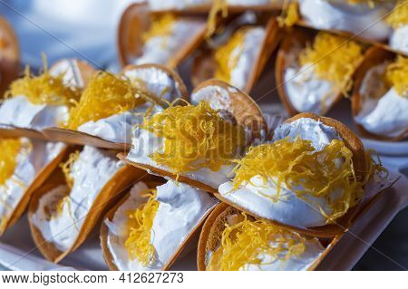 Delicious Thai Street Dessert, Kanom Buang, Thai Crispy Pancake Or Thai Crepe, With Varieties Of Fil