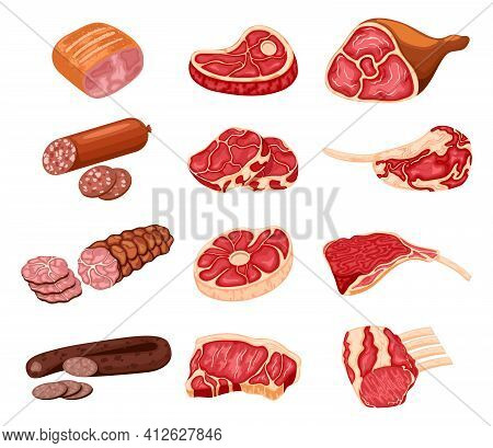 Meat Products. Cartoon Butchery Shop Food, Chicken, Beef Steak, Pork, Prime Rib, Bacon Slice And Sau
