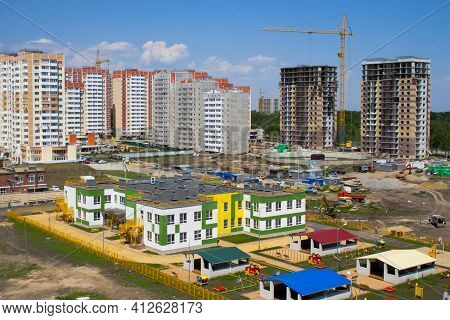 New Kindergarten In The Microdistrict Under Construction. Construction Of A Kindergarten In A New Ne