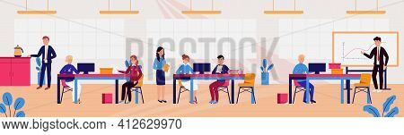 Business Characters Men And Women Working In Office. Business Presentation And Communications Concep