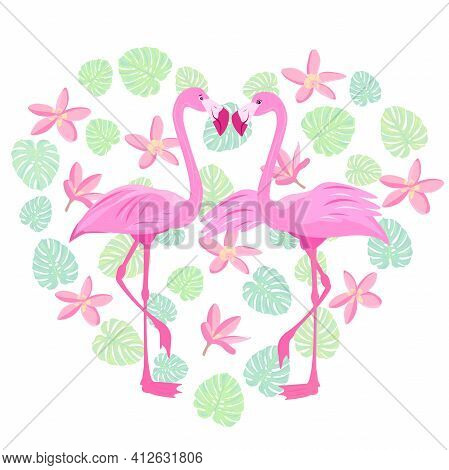 Pink Love Flamingo. Valentine's Day. Tropical Bird. Bird Of Paradise. Stock Vector Illustration With