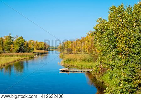 Mississippi River In Bemidji Minnesota Near Highway 2. This Beautiful Autumn Landscape Scene Is A Fe
