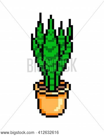 Sansevieria In An Orange Pot, Pixel Art Icon Isolated On White Background. 8 Bit Decorative Housepla