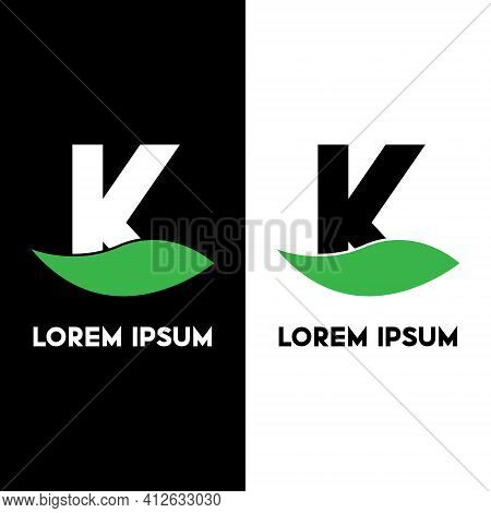 Alphabet K With Green Leaf, A Unique Brand Identity. Complete Set Of Alphabets.
