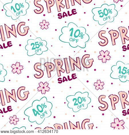 Seamless Pattern With Clouds And Sakura For Spring Sale. Cartoon Seasons Coupons With Percentage Dis