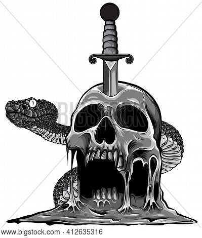 Monochromatic Colorful Tattoo Design With Skull And Snake. Vector Illustration.