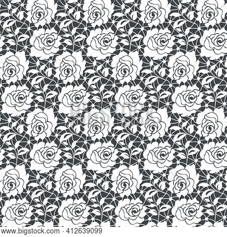 White Guipure With Roses Pattern On Black Background