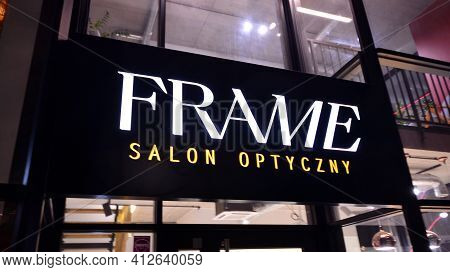 Warsaw, Poland. 15 March 2021. Sign Frame Salon Optyczny. Company Signboard Frame Salon Optyczny.