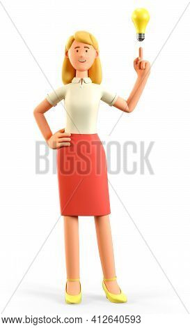 3d Illustration Of Standing Beautiful Blonde Woman Pointing Finger At Bulb. Cute Cartoon Smiling Att