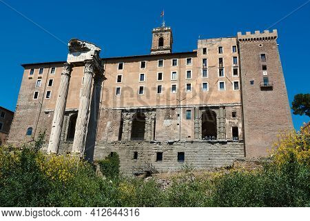 The Facade Of The Tabularium And The Temple Of Vespasian And Titus At The Roman Forum In Rome, Italy
