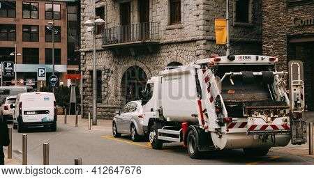 Andorra La Vella, Andorra - May 15, 2018: Automated Garbage Truck Parking In City Street. Dustcart, 