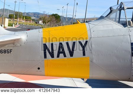 IRVINE, CALIFORNIA 31 JAN 2020: An SNJ-5 Texan WWII era plane on display at the Orange County Great Park.