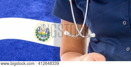 El Salvador Flag Female Doctor With Stethoscope, National Healthcare System