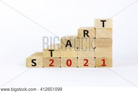 Business Concept Of 2021 New Year Start. Wooden Blocks With Words 'start 2021'. Beautiful White Back