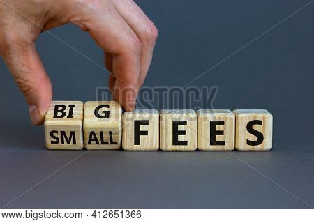 Big Or Small Fees Symbol. Businessman Turns A Wooden Cube And Changes Words 'small Fees' To 'big Fee