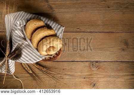 Tipical Bakery Of Puglia Dry Bread Called Friselle. Classical Apulian Frise Made In Salento By Whole